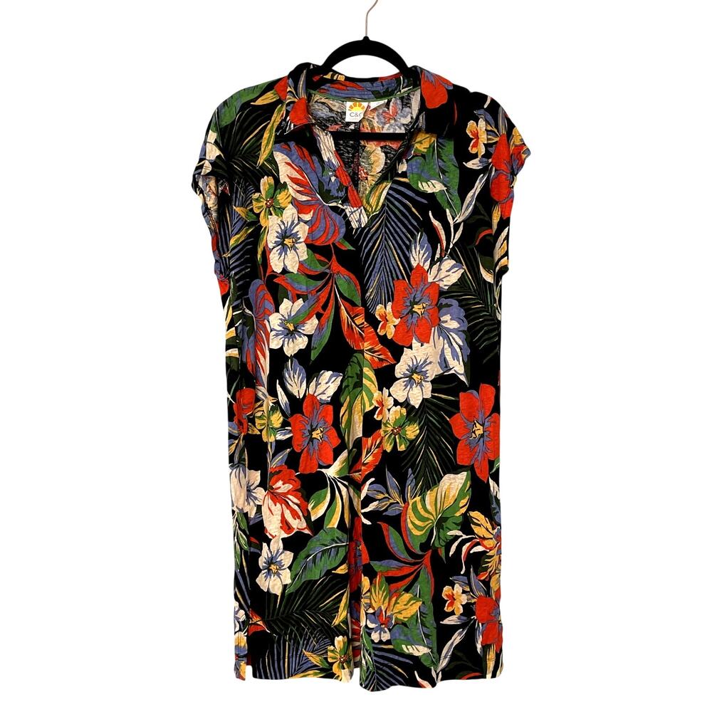 C&C California Dress Tropical Floral Print L Linen Blend Tshirt Split Neck
